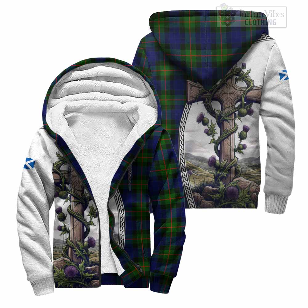 Tartan Vibes Clothing Jamieson Tartan Sherpa Hoodie with Family Crest and St. Andrew's Cross Accented by Thistle Vines