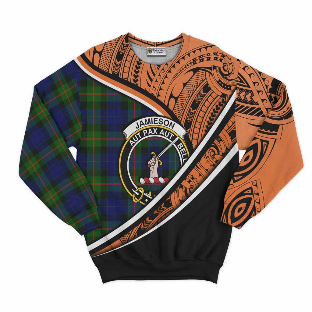 Tartan Vibes Clothing Jamieson Crest Tartan Sweatshirt with Maori Tattoo Style - Orange Version