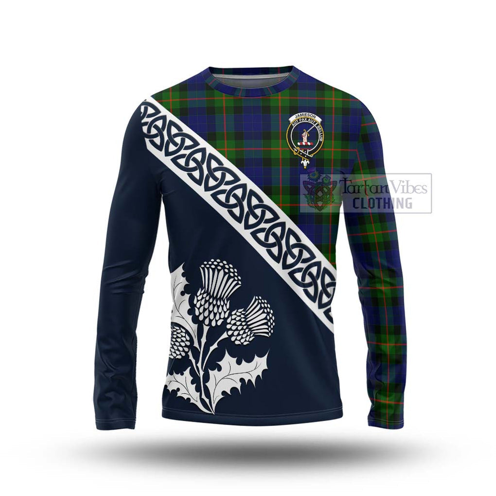 Tartan Vibes Clothing Jamieson Tartan Long Sleeve T-Shirt Featuring Thistle and Scotland Map