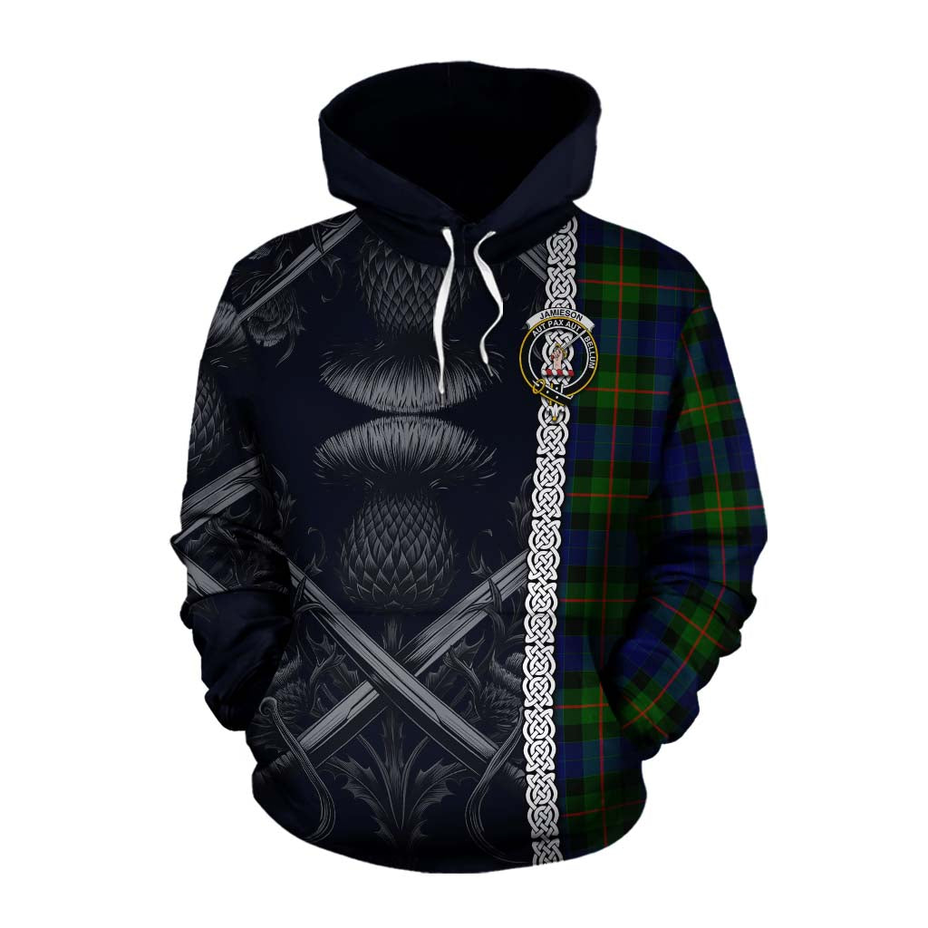 Tartan Vibes Clothing Jamieson Tartan Cotton Hoodie with Family Crest Cross Sword Thistle Celtic Vibes