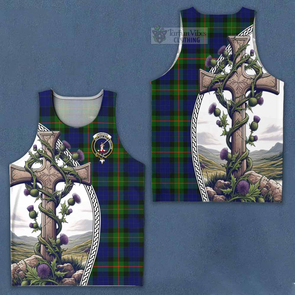 Tartan Vibes Clothing Jamieson Tartan Men's Tank Top with Family Crest and St. Andrew's Cross Accented by Thistle Vines