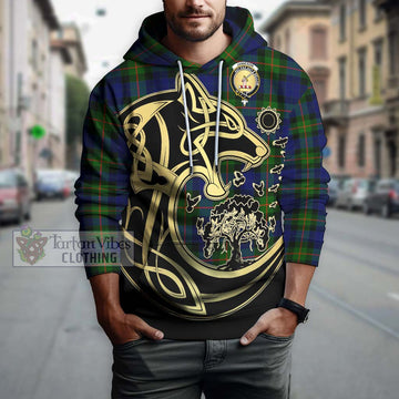 Jamieson Tartan Hoodie with Family Crest Celtic Wolf Style