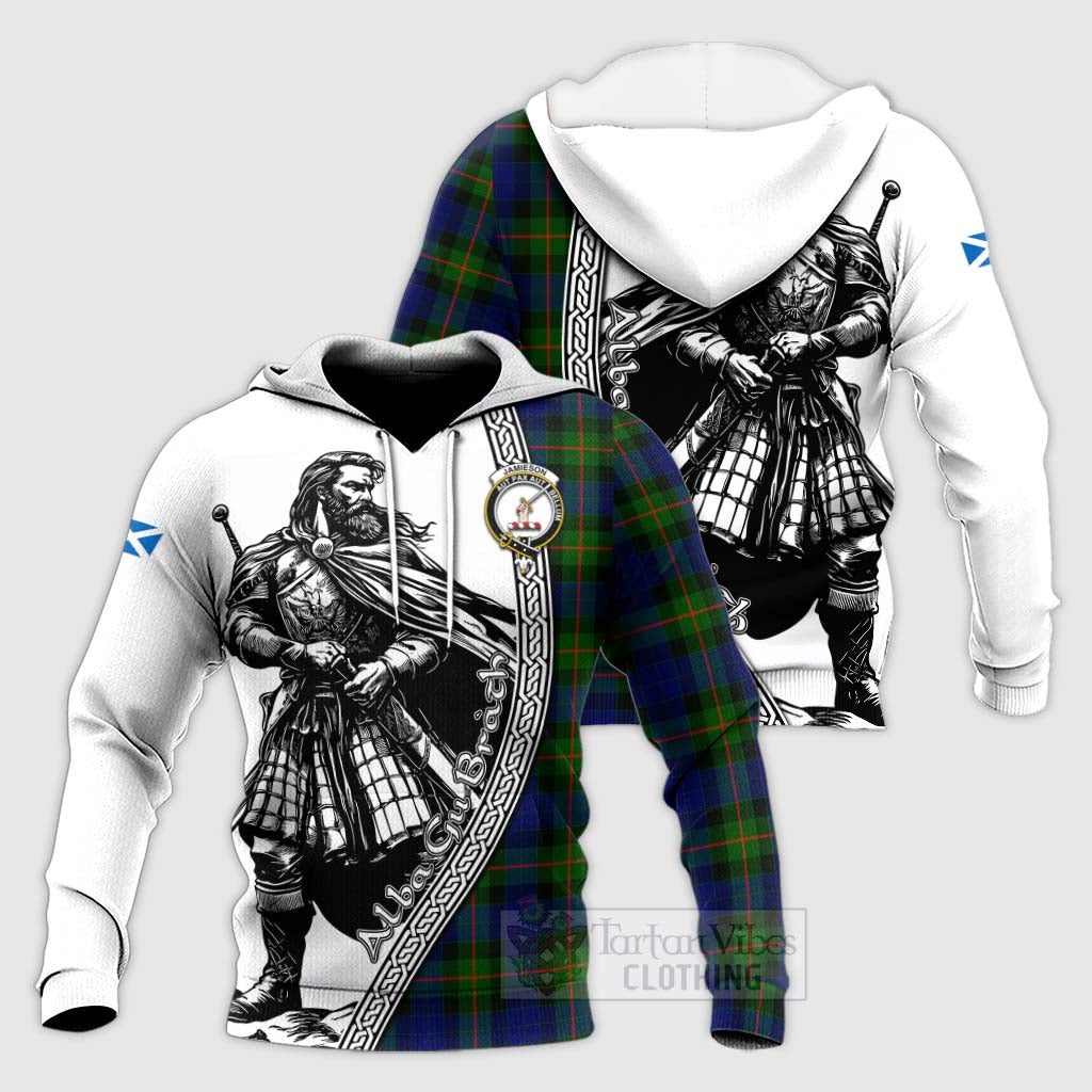 Tartan Vibes Clothing Jamieson Tartan Clan Crest Knitted Hoodie with Highlander Warrior Celtic Style