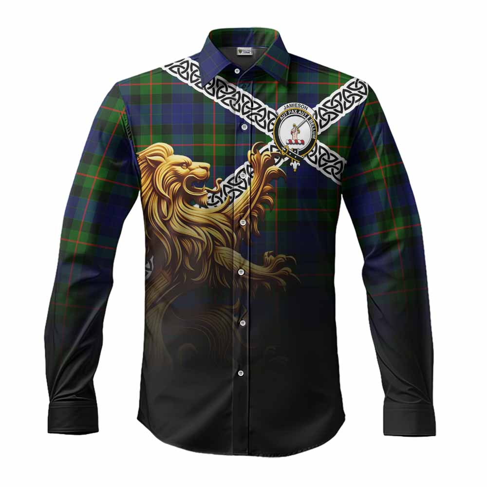 Jamieson Crest Tartan Long Sleeve Button Shirt with Golden Lion Emblem Celtic Style Men's Shirt S - Tartan Vibes Clothing
