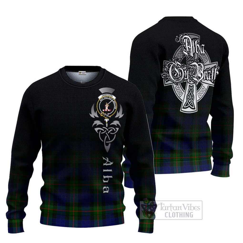 Tartan Vibes Clothing Jamieson Tartan Knitted Sweater Featuring Alba Gu Brath Family Crest Celtic Inspired