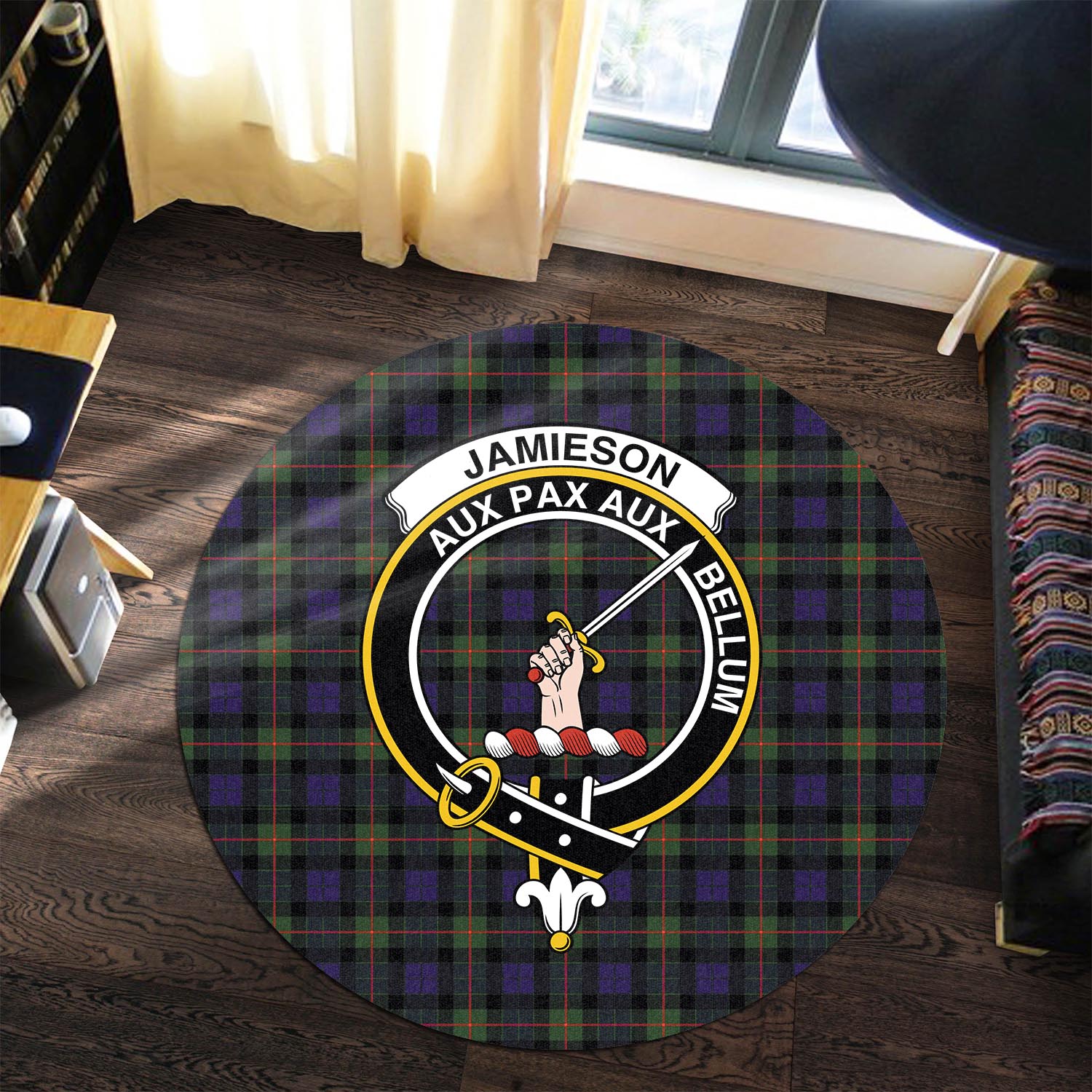 jamieson-tartan-round-rug-with-family-crest