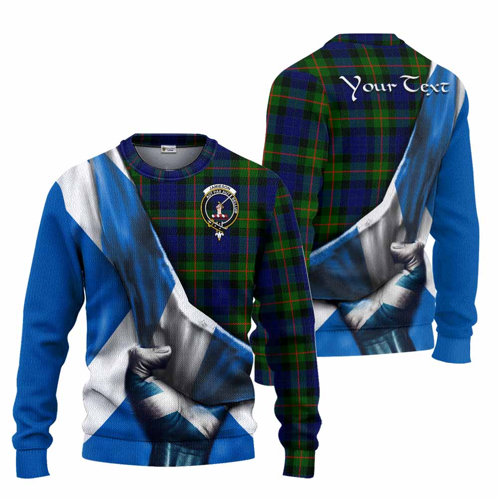 Tartan Vibes Clothing Jamieson Tartan Knitted Sweater with Family Crest Scotland Patriotic Style