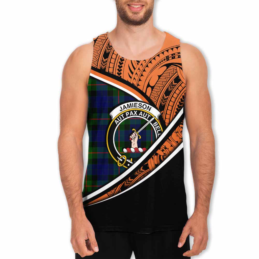 Tartan Vibes Clothing Jamieson Crest Tartan Men's Tank Top with Maori Tattoo Style - Orange Version