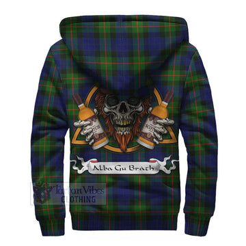 Jamieson Tartan Sherpa Hoodie with Family Crest and Bearded Skull Holding Bottles of Whiskey