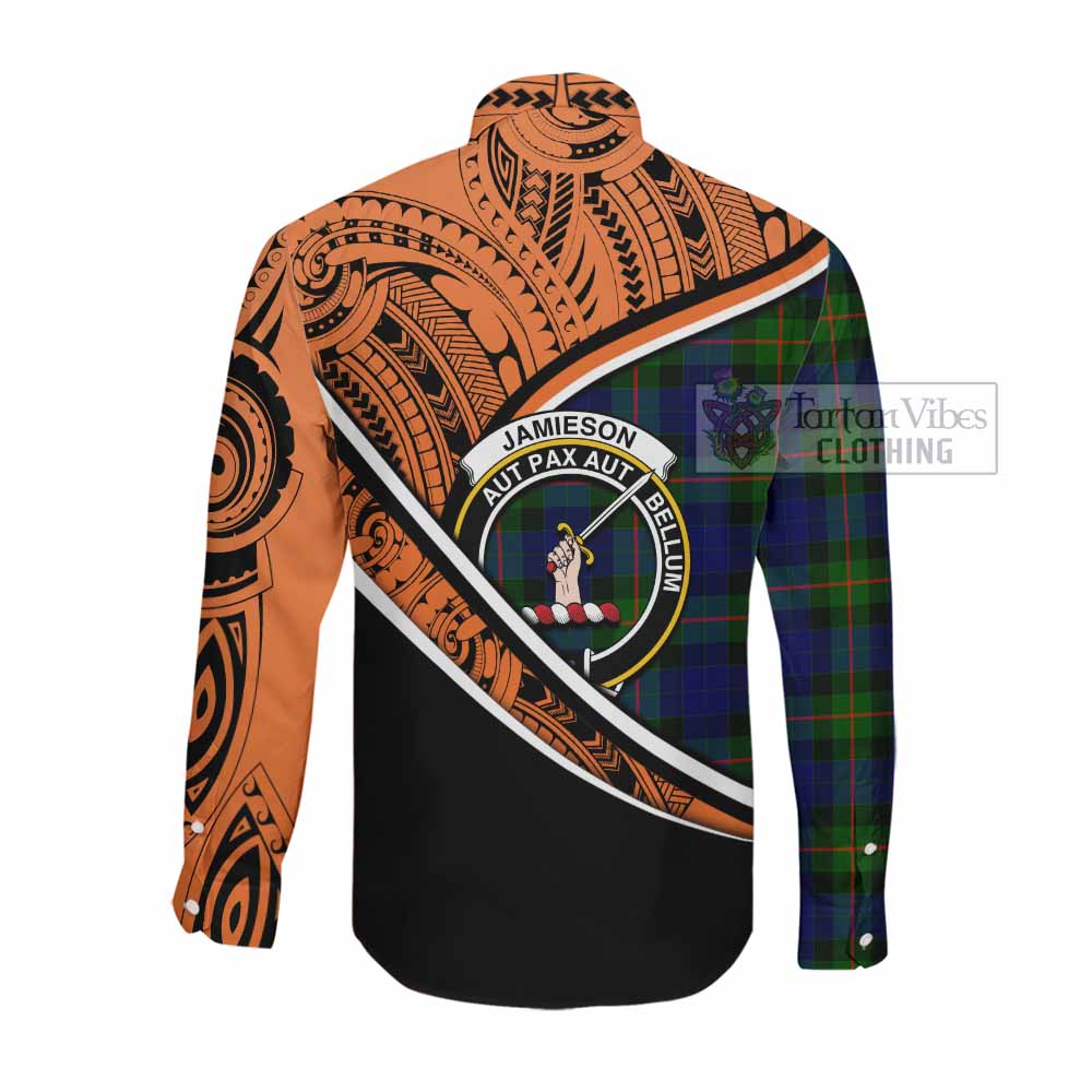 Tartan Vibes Clothing Jamieson Crest Tartan Long Sleeve Button Shirt with Maori Tattoo Style - Orange Version