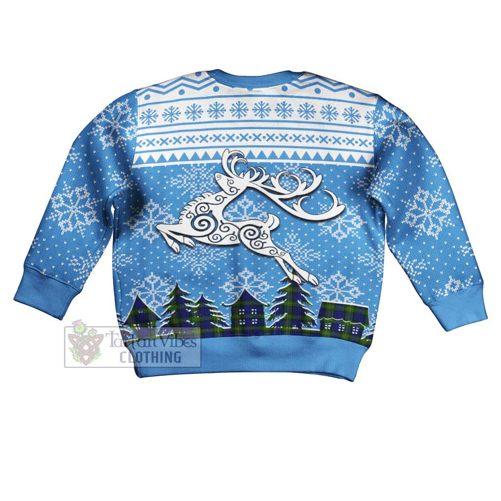 Tartan Vibes Clothing Jamieson Clan Christmas Kid Ugly Sweater with Tartan and Celtic Raindeer Style