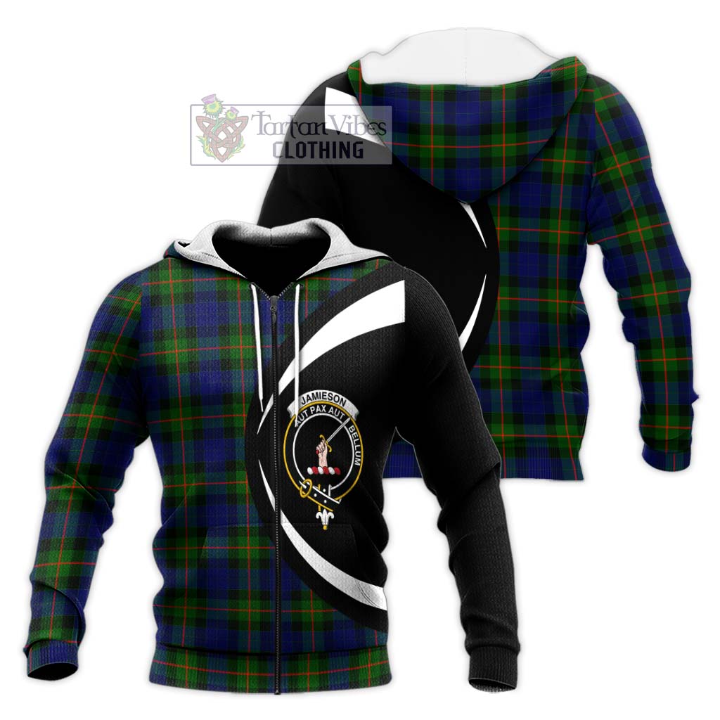 Jamieson Tartan Knitted Hoodie with Family Crest Circle Style Unisex Knitted Zip Hoodie - Tartan Vibes Clothing