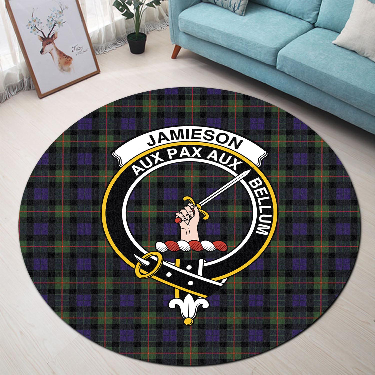 jamieson-tartan-round-rug-with-family-crest