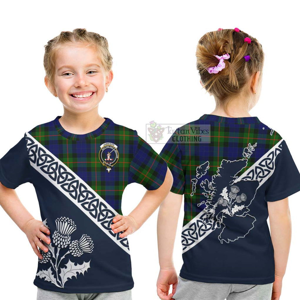 Tartan Vibes Clothing Jamieson Tartan Kid T-Shirt Featuring Thistle and Scotland Map