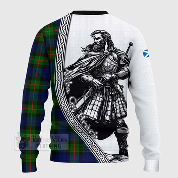 Jamieson Tartan Clan Crest Knitted Sweater with Highlander Warrior Celtic Style