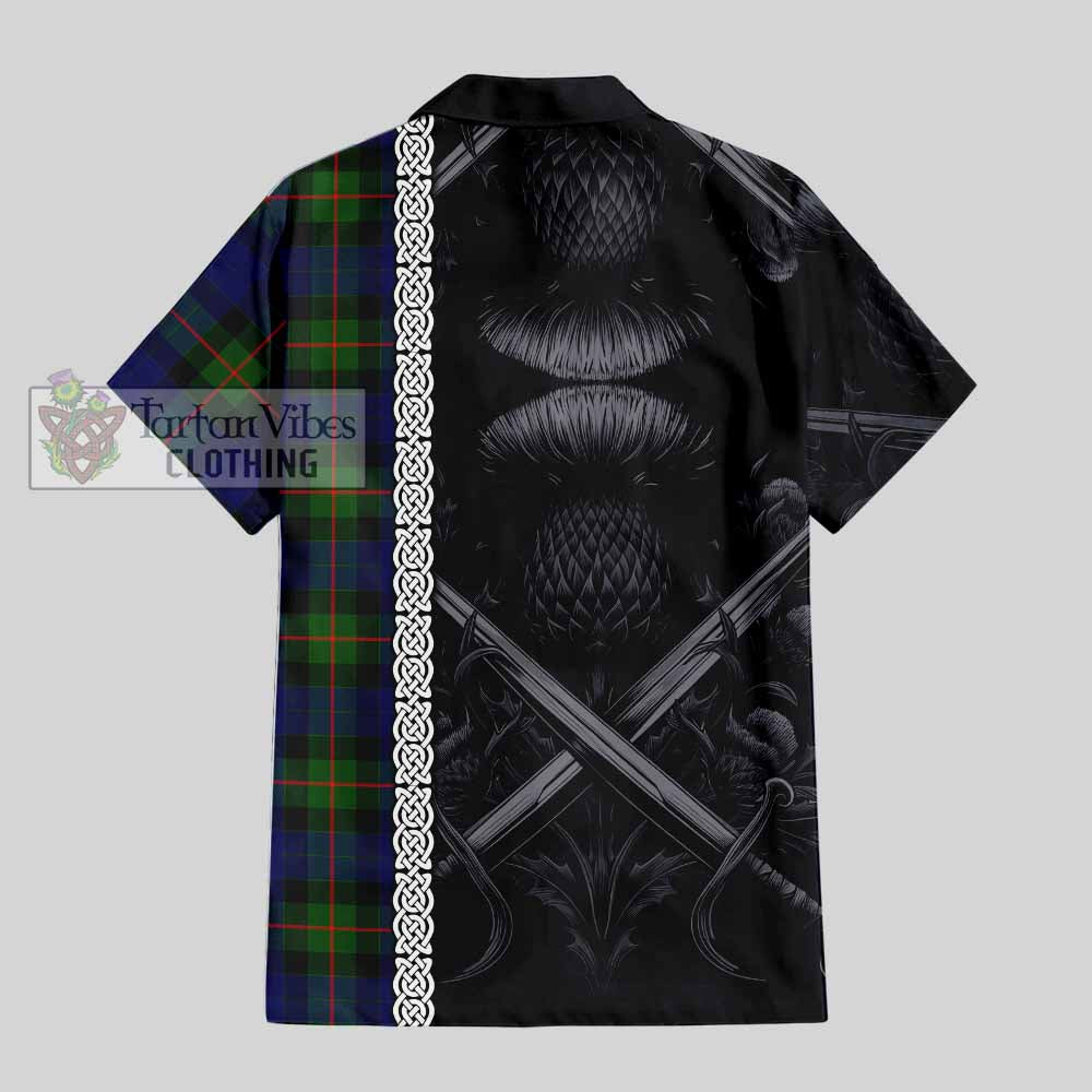 Tartan Vibes Clothing Jamieson Tartan Short Sleeve Button Shirt with Family Crest Cross Sword Thistle Celtic Vibes