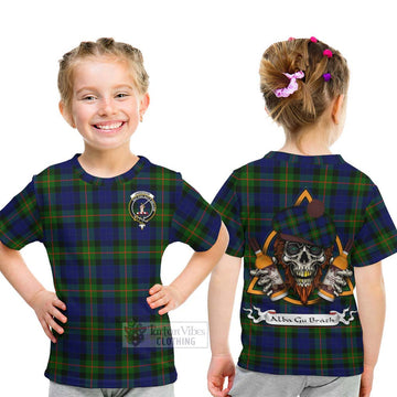 Jamieson Tartan Kid T-Shirt with Family Crest and Bearded Skull Holding Bottles of Whiskey