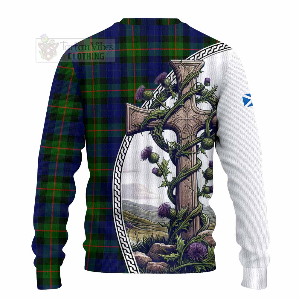 Tartan Vibes Clothing Jamieson Tartan Knitted Sweater with Family Crest and St. Andrew's Cross Accented by Thistle Vines