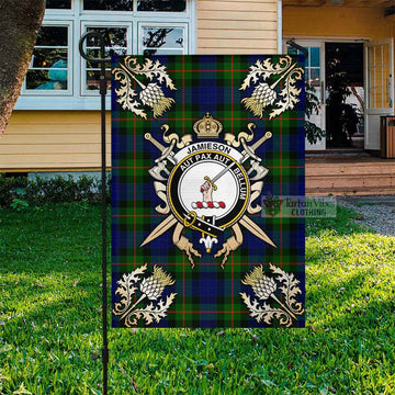 Jamieson Tartan Flag with Family Crest and Golden Thistle Crossed Sword Design