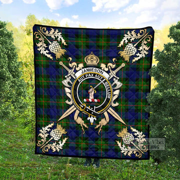 Jamieson Tartan Quilt with Family Crest and Scottish Golden Courage Shield