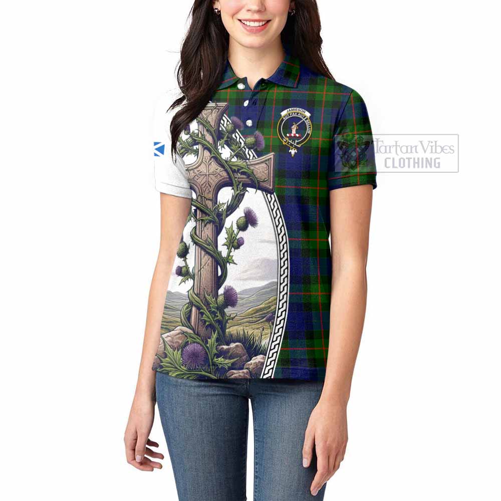 Tartan Vibes Clothing Jamieson Tartan Women's Polo Shirt with Family Crest and St. Andrew's Cross Accented by Thistle Vines