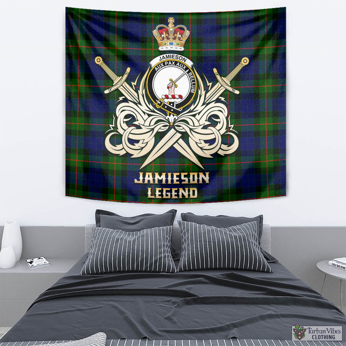 Tartan Vibes Clothing Jamieson Tartan Tapestry with Clan Crest and the Golden Sword of Courageous Legacy