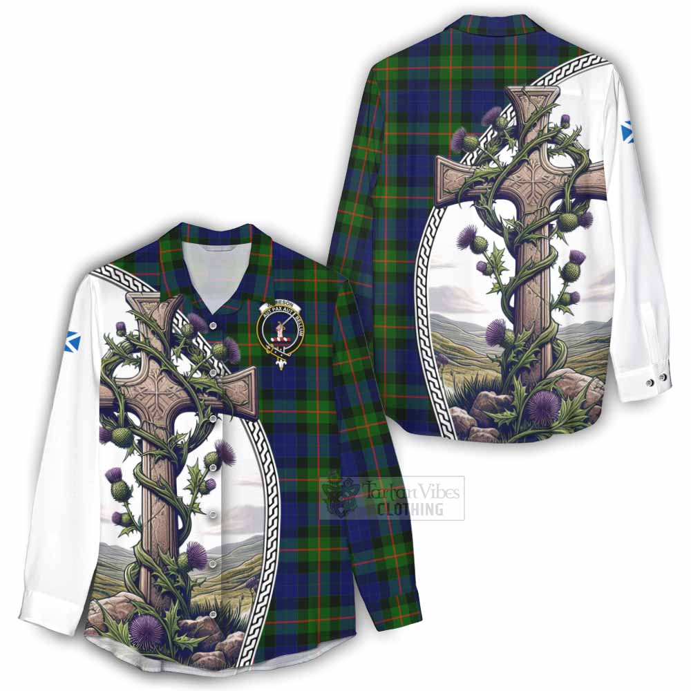 Tartan Vibes Clothing Jamieson Tartan Women's Casual Shirt with Family Crest and St. Andrew's Cross Accented by Thistle Vines