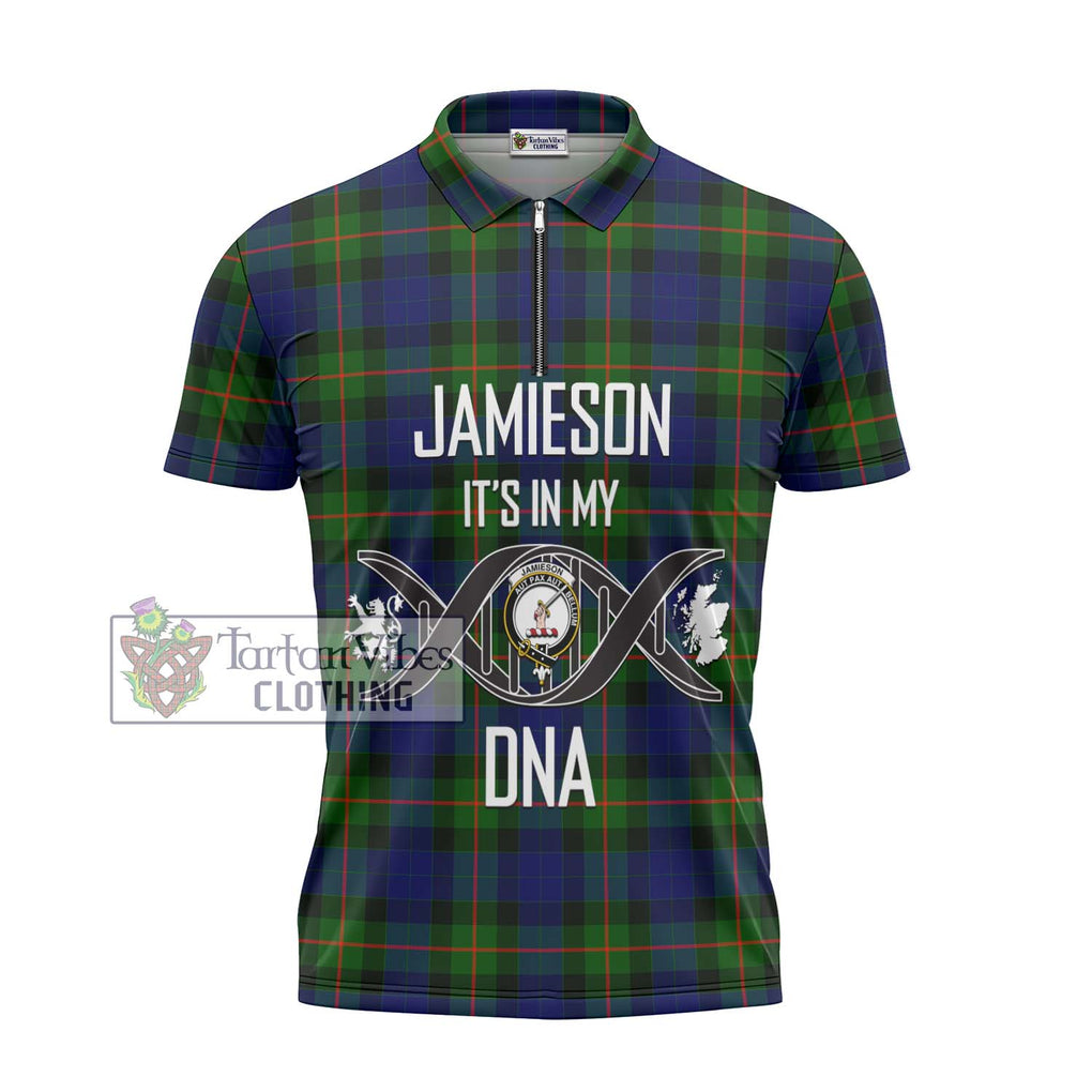 Jamieson Tartan Zipper Polo Shirt with Family Crest DNA In Me Style - Tartanvibesclothing Shop