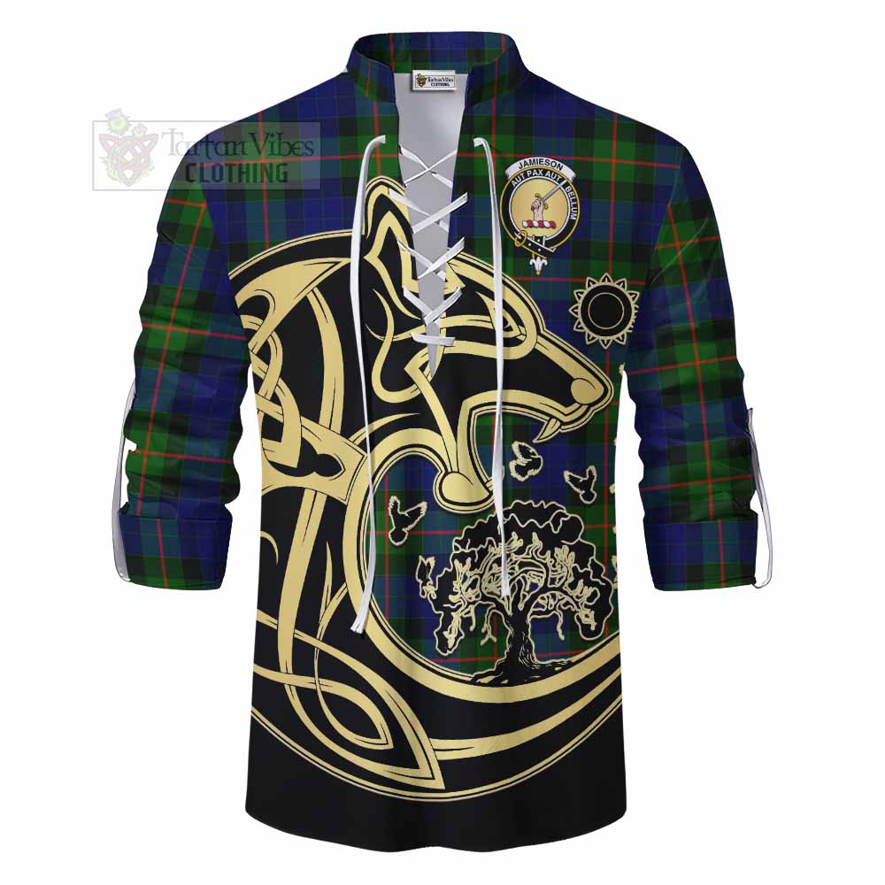 Tartan Vibes Clothing Jamieson Tartan Ghillie Kilt Shirt with Family Crest Celtic Wolf Style