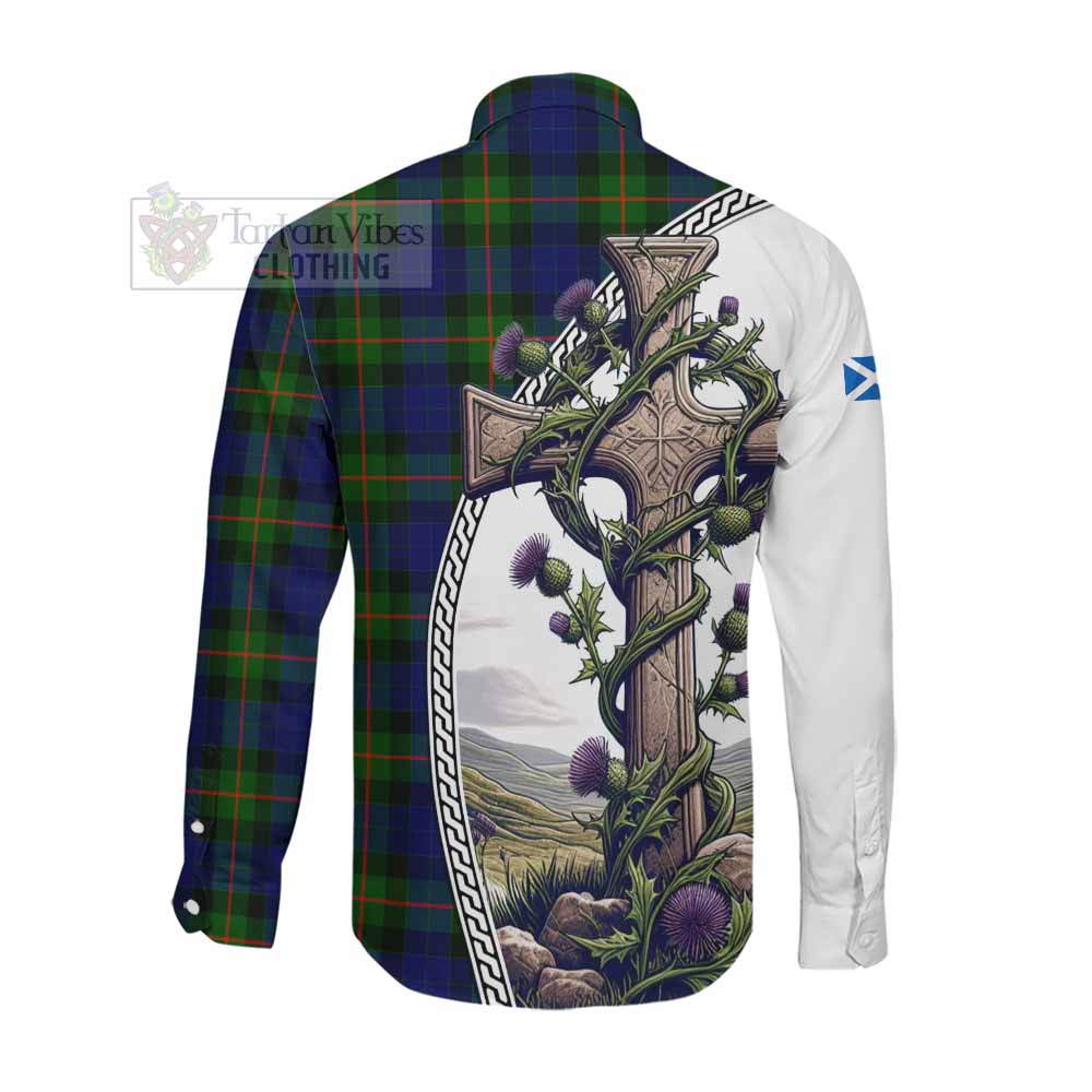 Tartan Vibes Clothing Jamieson Tartan Long Sleeve Button Shirt with Family Crest and St. Andrew's Cross Accented by Thistle Vines