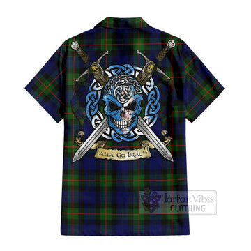 Jamieson Tartan Short Sleeve Button Shirt with Family Crest Celtic Skull Style