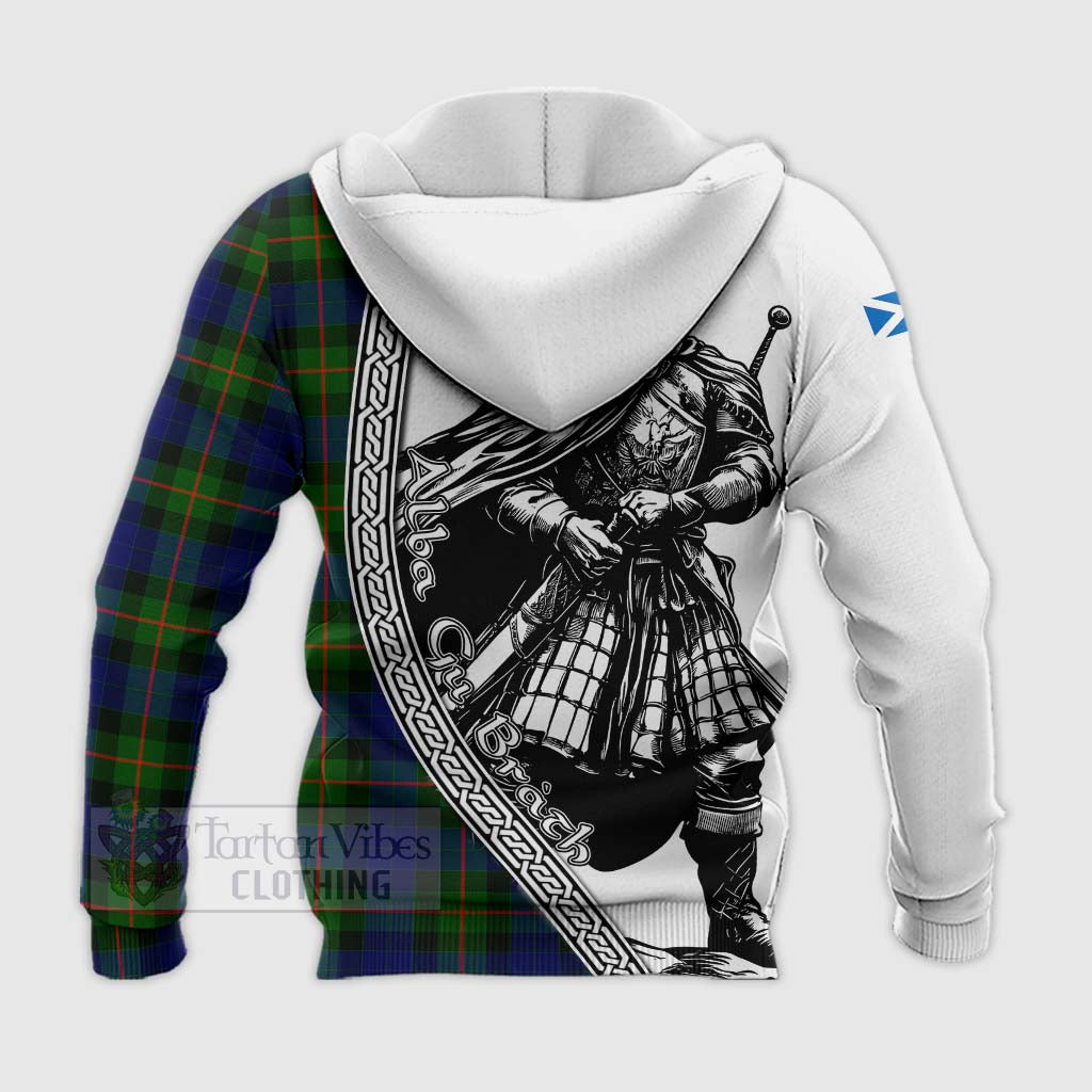 Tartan Vibes Clothing Jamieson Tartan Clan Crest Knitted Hoodie with Highlander Warrior Celtic Style