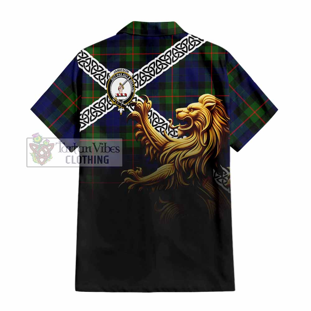 Jamieson Crest Tartan Hawaiian Shirt with Golden Lion Emblem Celtic Style - Tartan Vibes Clothing