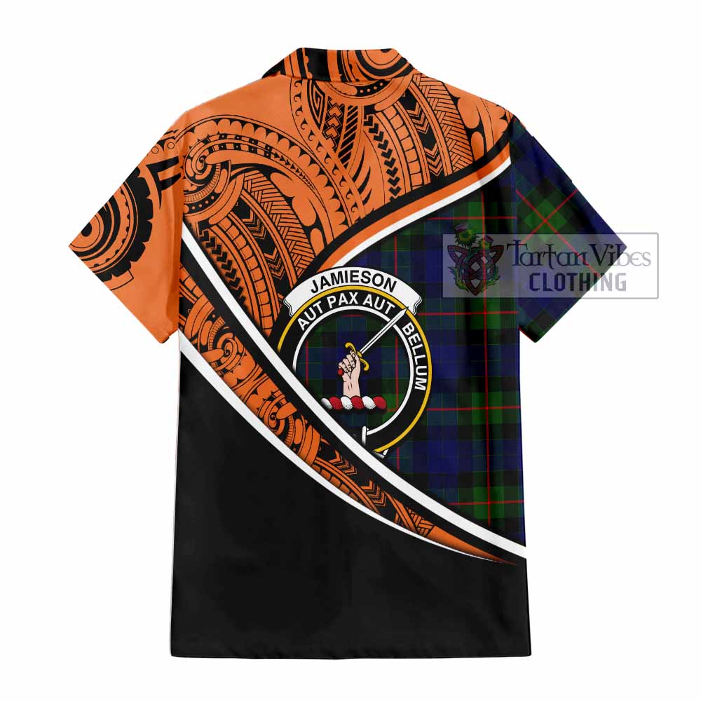 Tartan Vibes Clothing Jamieson Crest Tartan Short Sleeve Button Shirt with Maori Tattoo Style - Orange Version