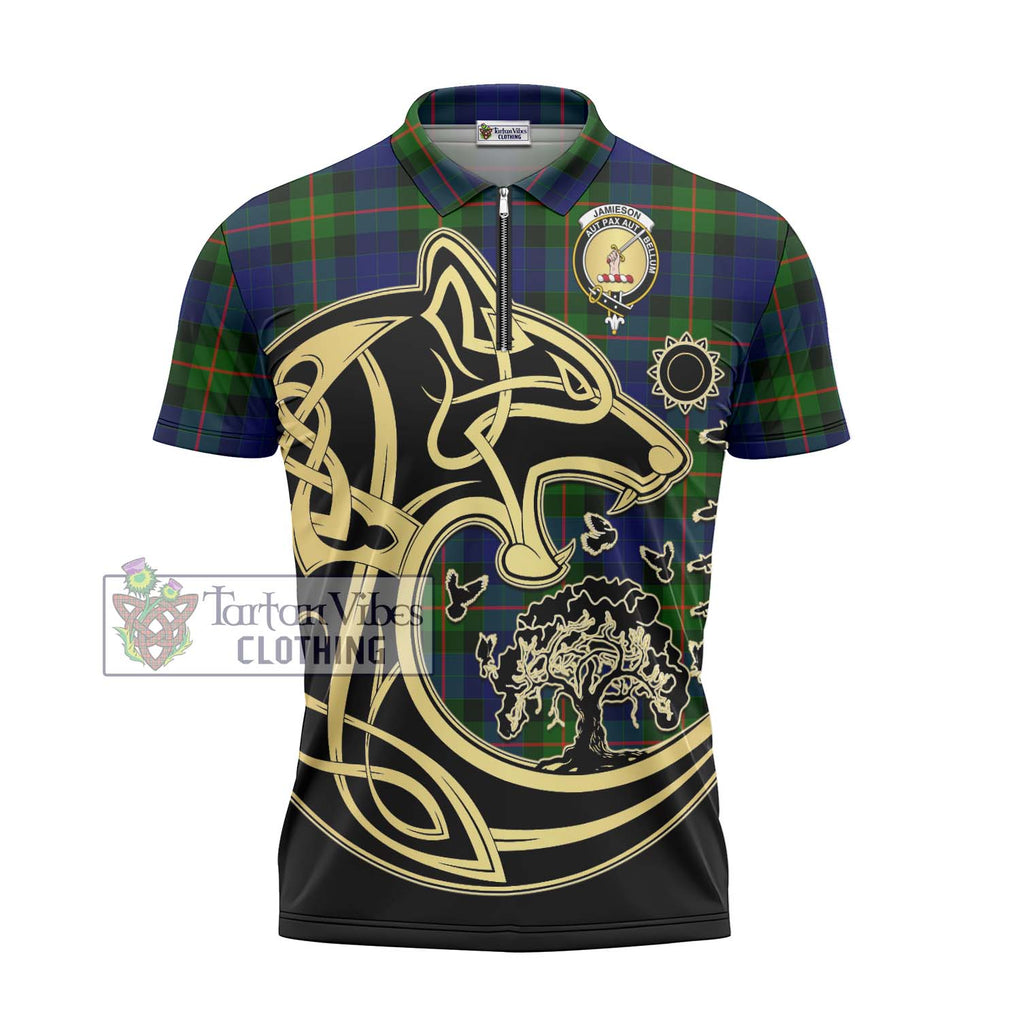 Jamieson Tartan Zipper Polo Shirt with Family Crest Celtic Wolf Style - Tartanvibesclothing Shop