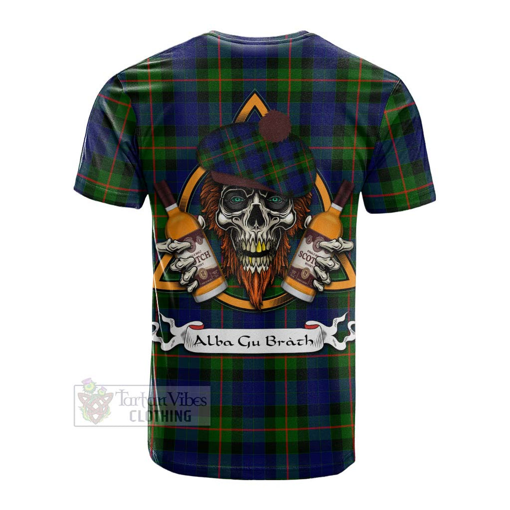 Tartan Vibes Clothing Jamieson Tartan Cotton T-shirt with Family Crest and Bearded Skull Holding Bottles of Whiskey