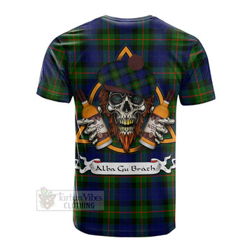 Jamieson Tartan Cotton T-shirt with Family Crest and Bearded Skull Holding Bottles of Whiskey