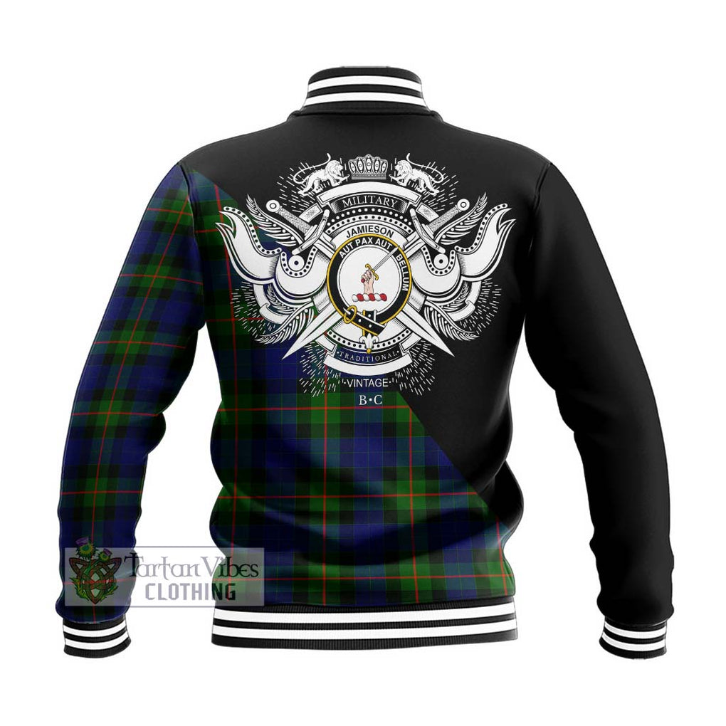 Jamieson Tartan Baseball Jacket with Family Crest and Military Logo Style - Tartanvibesclothing Shop