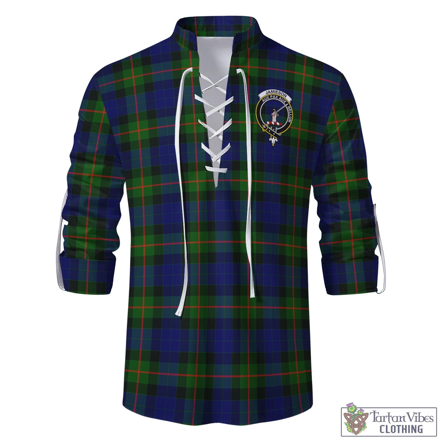 Tartan Vibes Clothing Jamieson Tartan Men's Scottish Traditional Jacobite Ghillie Kilt Shirt with Family Crest