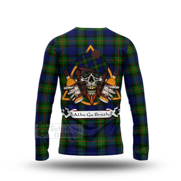 Jamieson Tartan Long Sleeve T-Shirt with Family Crest and Bearded Skull Holding Bottles of Whiskey