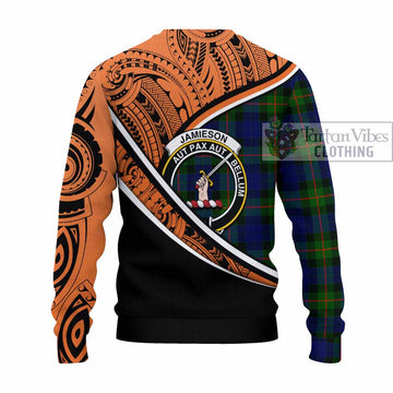 Jamieson Crest Tartan Knitted Sweater with Polynesian Vibes Style - Orange Version