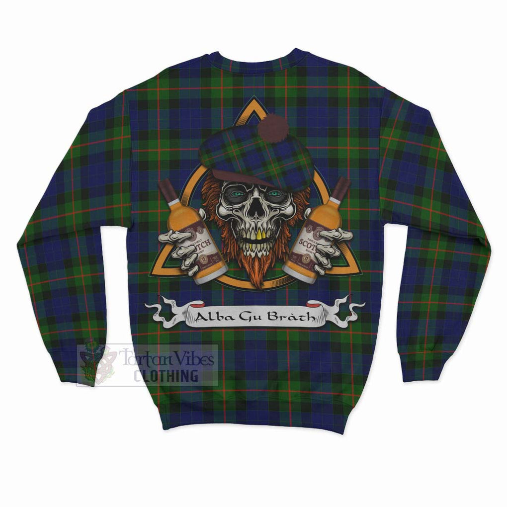 Tartan Vibes Clothing Jamieson Tartan Sweatshirt with Family Crest and Bearded Skull Holding Bottles of Whiskey