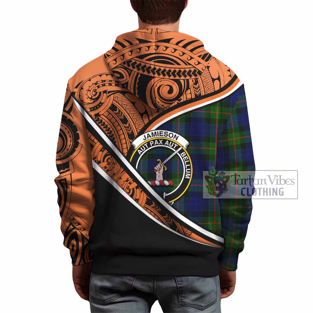 Tartan Vibes Clothing Jamieson Crest Tartan Hoodie with Maori Tattoo Style - Orange Version