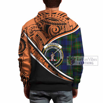 Jamieson Crest Tartan Hoodie with Polynesian Vibes Style - Orange Version