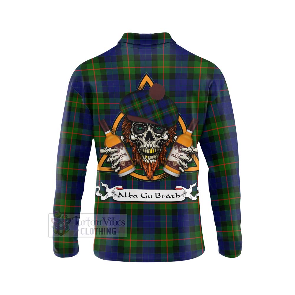 Tartan Vibes Clothing Jamieson Tartan Long Sleeve Polo Shirt with Family Crest and Bearded Skull Holding Bottles of Whiskey