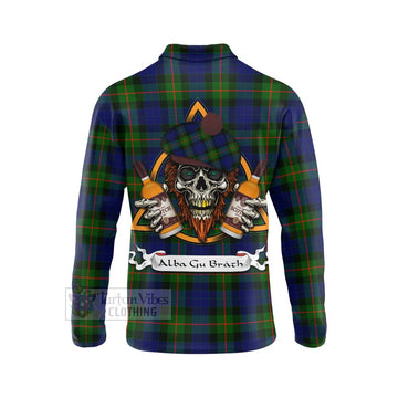 Jamieson Tartan Long Sleeve Polo Shirt with Family Crest and Bearded Skull Holding Bottles of Whiskey