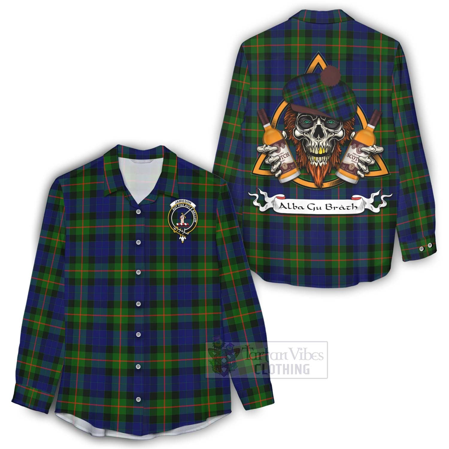 Tartan Vibes Clothing Jamieson Tartan Women's Casual Shirt with Family Crest and Bearded Skull Holding Bottles of Whiskey