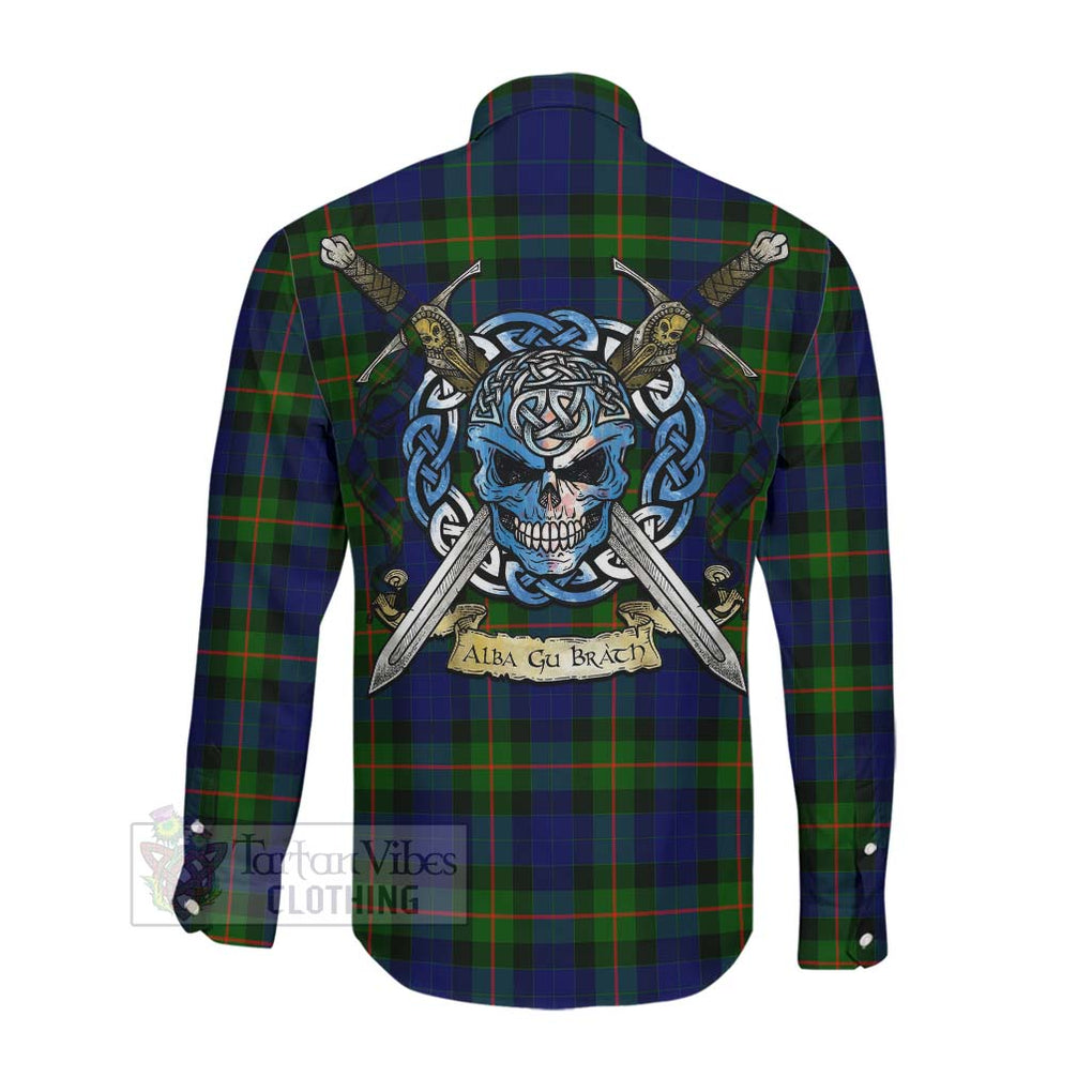 Tartan Vibes Clothing Jamieson Tartan Long Sleeve Button Shirt with Family Crest Celtic Skull Style