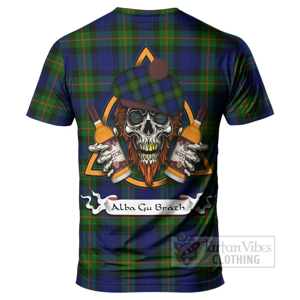 Tartan Vibes Clothing Jamieson Tartan T-Shirt with Family Crest and Bearded Skull Holding Bottles of Whiskey