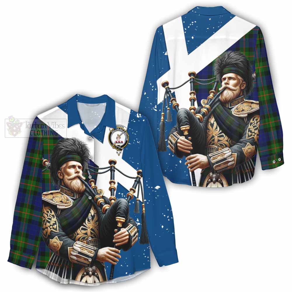 Tartan Vibes Clothing Jamieson Tartan Women's Casual Shirt with Family Crest Scottish Bagpiper Vibes